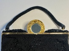 VTG Beaded Bag Black Gold Trim Framed Hinged w/mirror-Evening Bag Made in Japan