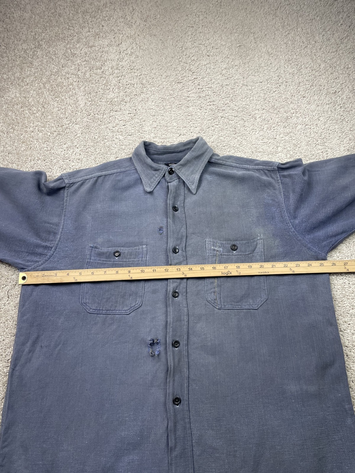 Vintage 30s Montgomery Ward Flannel Shirt XL Blue Sanforized Distressed Faded image 7