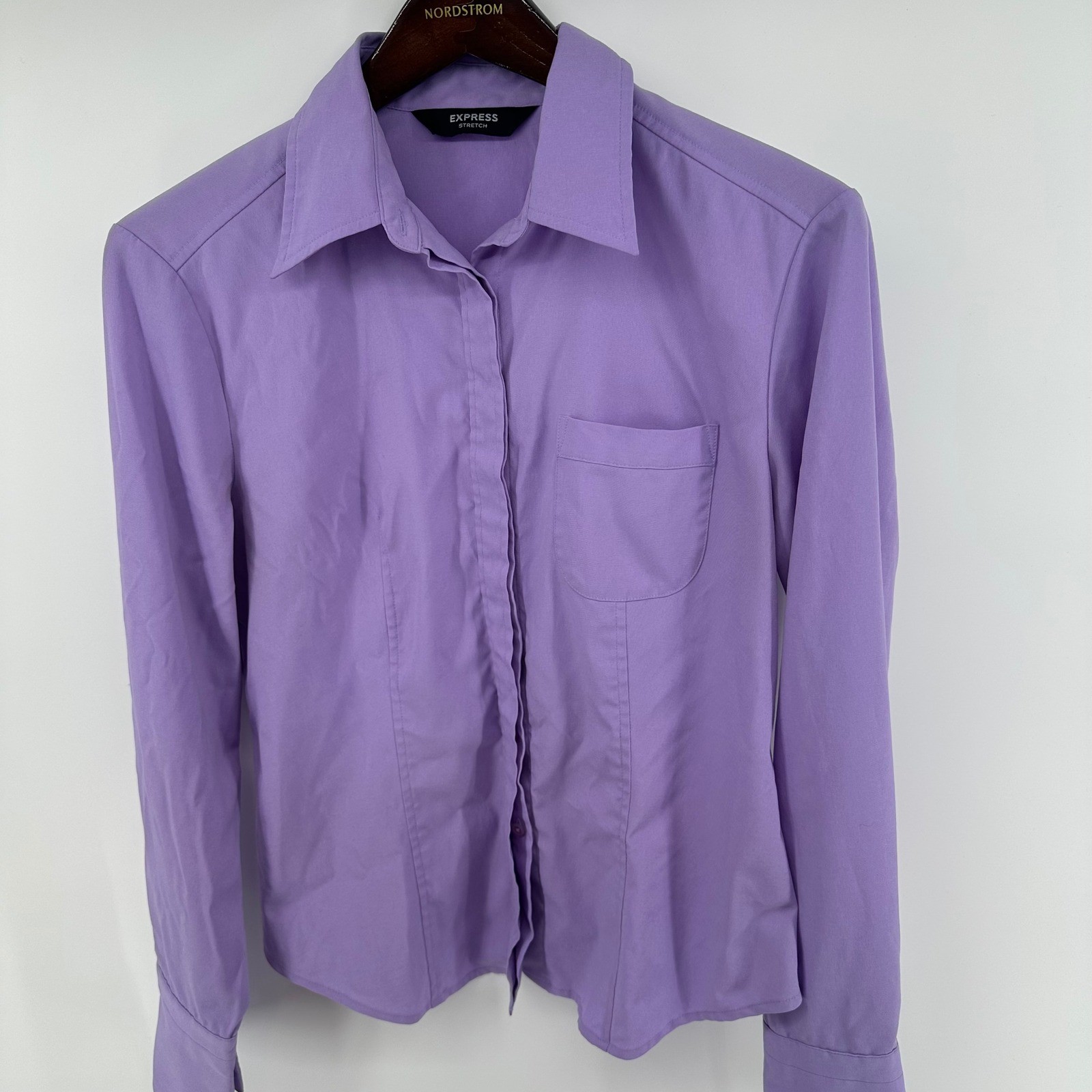 Express Stretch Purple Hidden Button Front Long S… - image 1