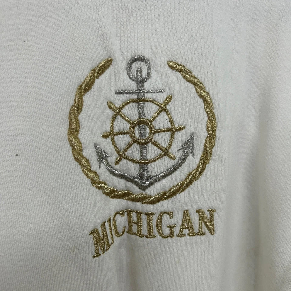 Sudadera Vintage Michigan Náutica Bordada Cuello Redondo L Crema Hecha en EE. UU. Retro Foto 2 de 4