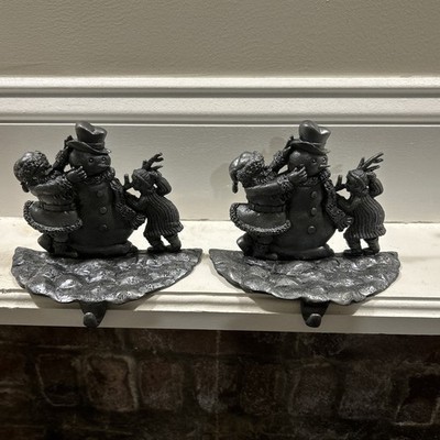 Pair Of Vtg Pewter Christmas Mantel Stocking Hangers Heavy Santa Snowman NICE!