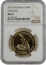 1974 Tanzania 1500 Shilingi Cheetahs Conservation Coin MS 66 NGC Mint State 66