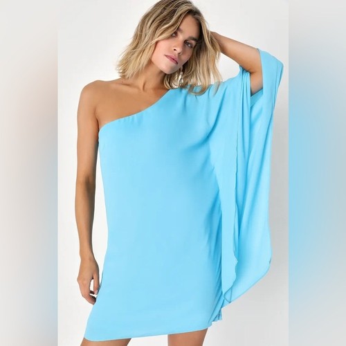 NWT Lulus Summer Daze One-Shoulder Kaftan Sleeve Mini Dress Turquoise Medium $69 - Picture 2 of 10