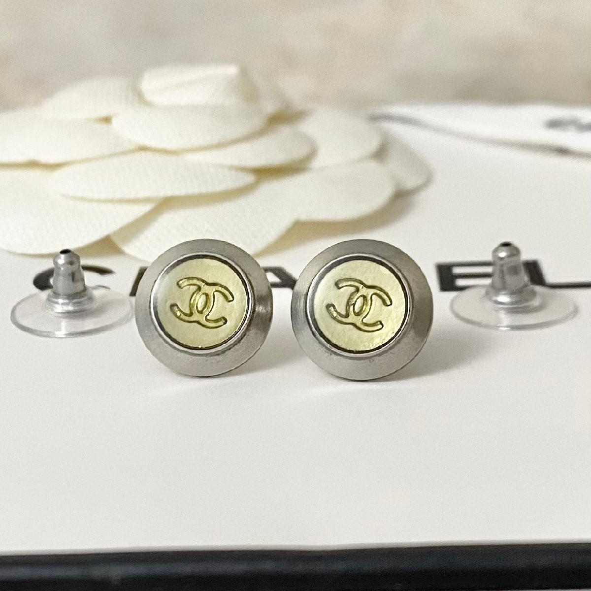 CHANEL CC Round Stud Earrings 12mm Silver Gold-tone No Box MM01-image