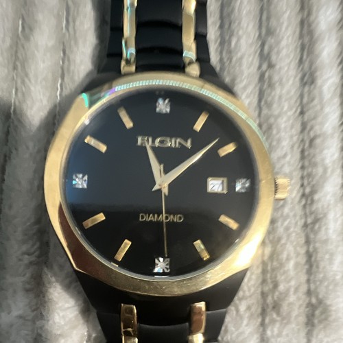 Elgin Men's Diamond Wristwatch Black Dial Gold Metal Analog Date Baton Markers