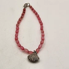 Pink Beaded Bracelet Womens Silver Tone Seashell Charm Lobster Clasp Coastal