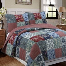 Country Rose Blue Floral Paisley Garden Cotton Patchwork Quilt Bedding Set
