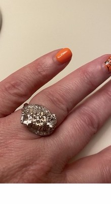 White Gold Cocktail Ring Size 8 w/ 3 Round Antique-Cut Clear Diamonds