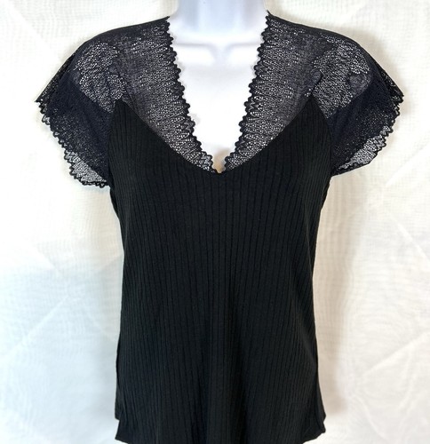 Women’s Lace and Jersey Black V Neck Top / Medium - Picture 2 of 8