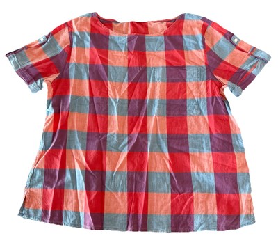 AIGLE Ladies Size 40/US 8 (S?) RASPBERRY Squares 100% Cotton Valley Shirt Blouse