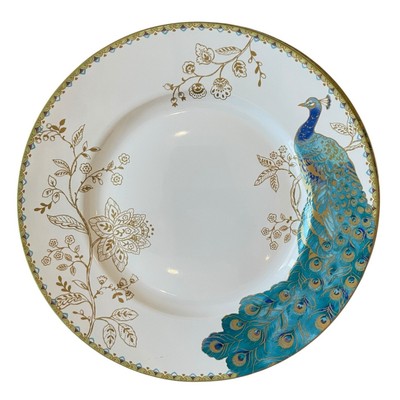 222 FIFTH Peacock Garden Porcelain Dinner Plate Set of 4 Gold Floral Scroll NEW