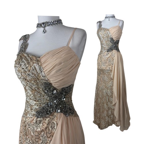 Vintage Nude Sequin One Shoulder Prom Y2K Glam Maxi Dress Crystal Embellished
