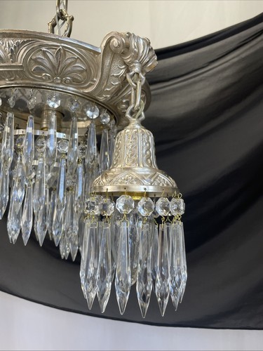 RESTORED Antique Vtg Silver Plated Crystal Chandelier Arts & Crafts Deco Ornate - Picture 12 of 24