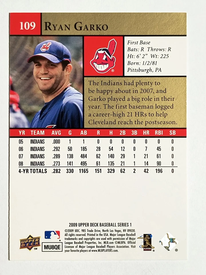 2009 Upper Deck #109 Ryan Garko - Image 2 of 2