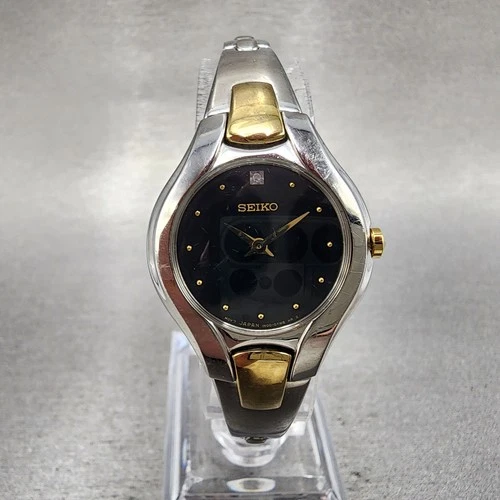 Seiko Watch Women 25mm Black Dial Two Tone Round 1n00-0RC0 New Battery