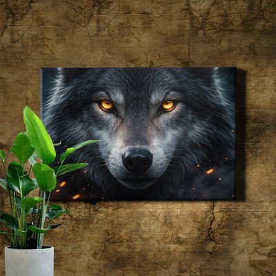 Wolf close up portrait Canvas Print with glowing amber eyes and ember sparks