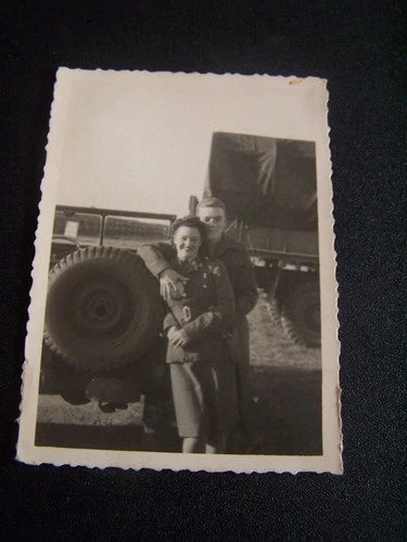WW2 Military Man & Woman Soldiers in Uniform Outside Army Truck Vintage Photo