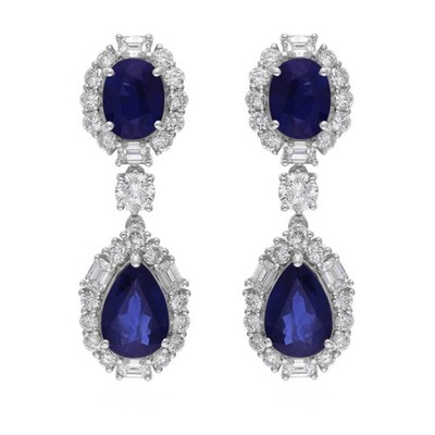 Laborgefertigte Diamant-Saphir-Ohrhänger 2,20 kt Ovalschliff 14 K Weißgold-Finish