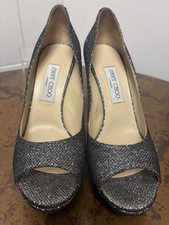Jimmy Choo Silver  Holiday  Silver Glitter Peep Toe Stiletto Pumps Size 39.5
