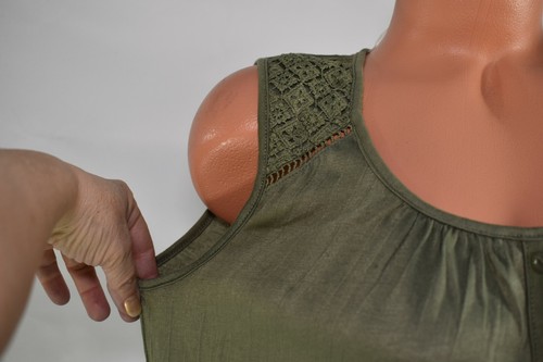 FRENCH LAUNDRY (M) Tunic Tank Top OLIVE GREEN Lace Shoulder Smocked Ruffle Hem - Picture 5 of 10