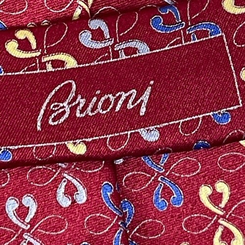 Brioni Designer Italy Maroon Blue Yellow Print Silk Tie Necktie 3 3/8" - Picture 3 of 5