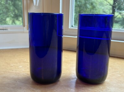 2 Vtg Cobalt 5 3/4  Blue Libby Metropolitan 16 oz Glass Tumbler Round Bottom