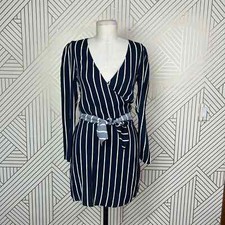 Reformation Zircon Wrap Mini Dress Navy Blue Capone Stripes Size US 0