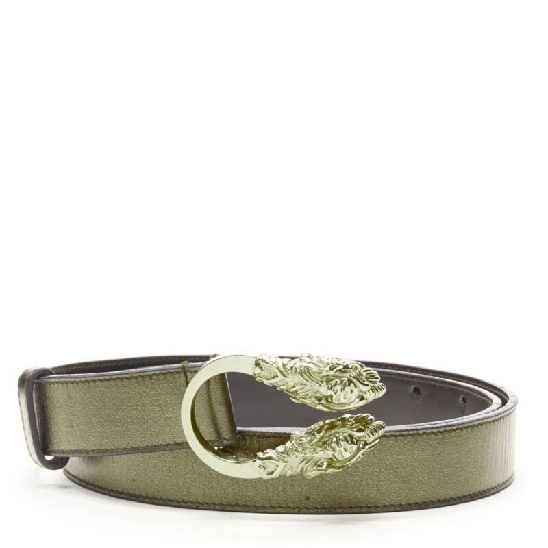 Ceinture fine GUCCI Double Tigre boucle ton or cuir cuivre métallisé 75 cm 30
