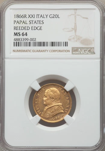 ITALY PAPAL STATES 1866 20 LIRE GOLD COIN CHOICE UNCIRCULATED NGC CERTIFIED MS64