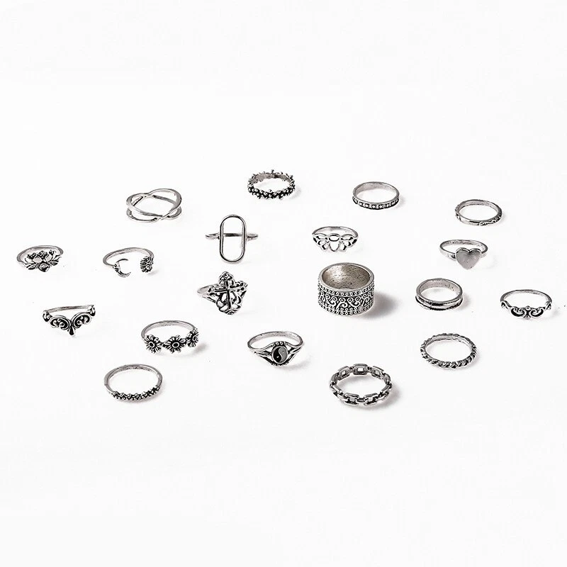 19PC Set Retro Silver Finger Open Ring Bohemia Flower Lotus Heart Love 2084 - Image 2 of 2
