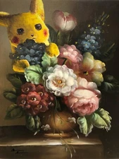 Pokemon Pikachu Flower Still Lif art print poster upcycled thrift store painting