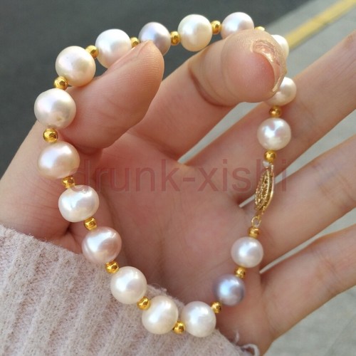 Brazalete de perla púrpura rosa natural del mar del sur genuino 7,5-8" oro 14k P - Imagen 2 de 5