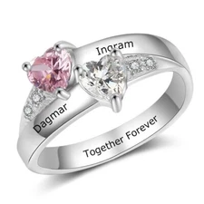 Custom Two Name Double Birthstone Ring Inside Engraving Wedding Sterling Silver