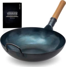 YOSUKATA 34 cm wok and frying pan Pre-seasoned wok  Blue carbon steel frying pan