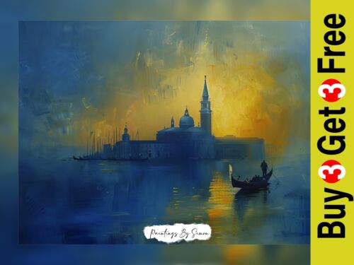 Gondole peinture à l'huile vénitienne coucher de soleil impression 5"x7" sur papier mat - Photo 1/6