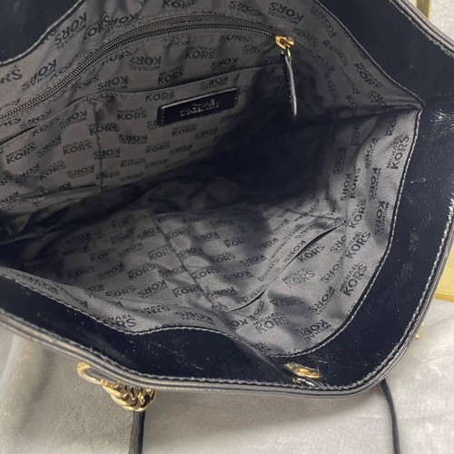Michael Kors Tote Bag + Studded Card Wallet Shiny Patent Gold Chain Hardware - Picture 9 of 24