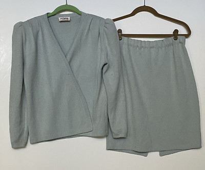 St John By Marie Gray Suit 2 PC Womens Knit Skirt Blouse Mint Green Flaws Vtg