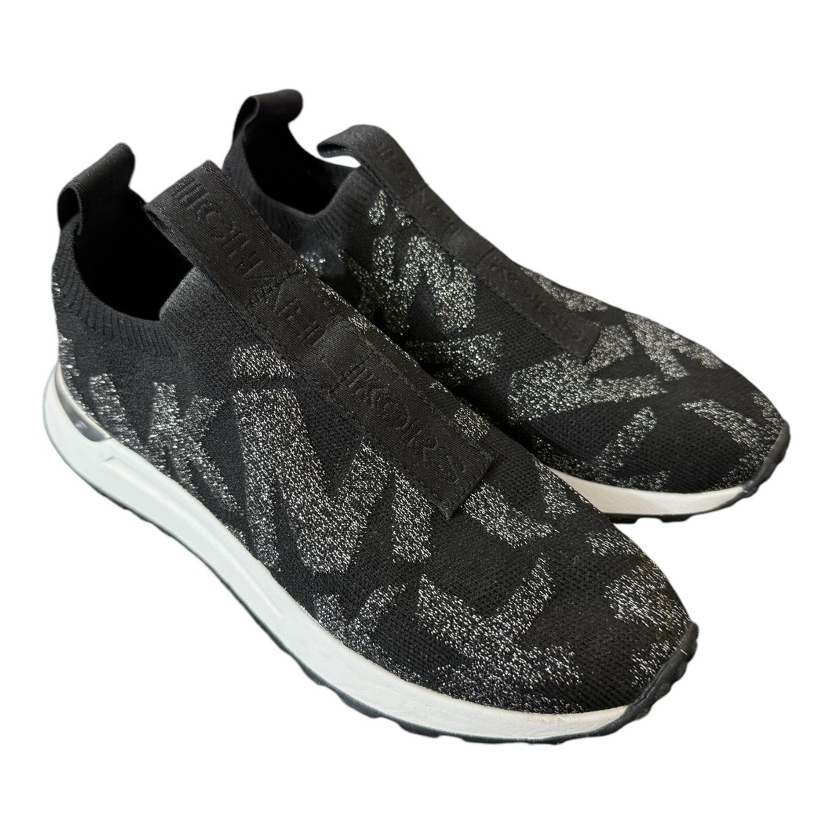 MICHAEL KORS Knit Sneakers Sz Bodie Slip On Trainer Black Silver Metallic  Logo