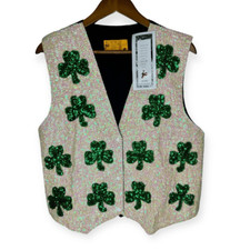 Vintage Nwt Jc 001 Usa White Green Sequins Shamrock St. Patrick’s Day Vest Large