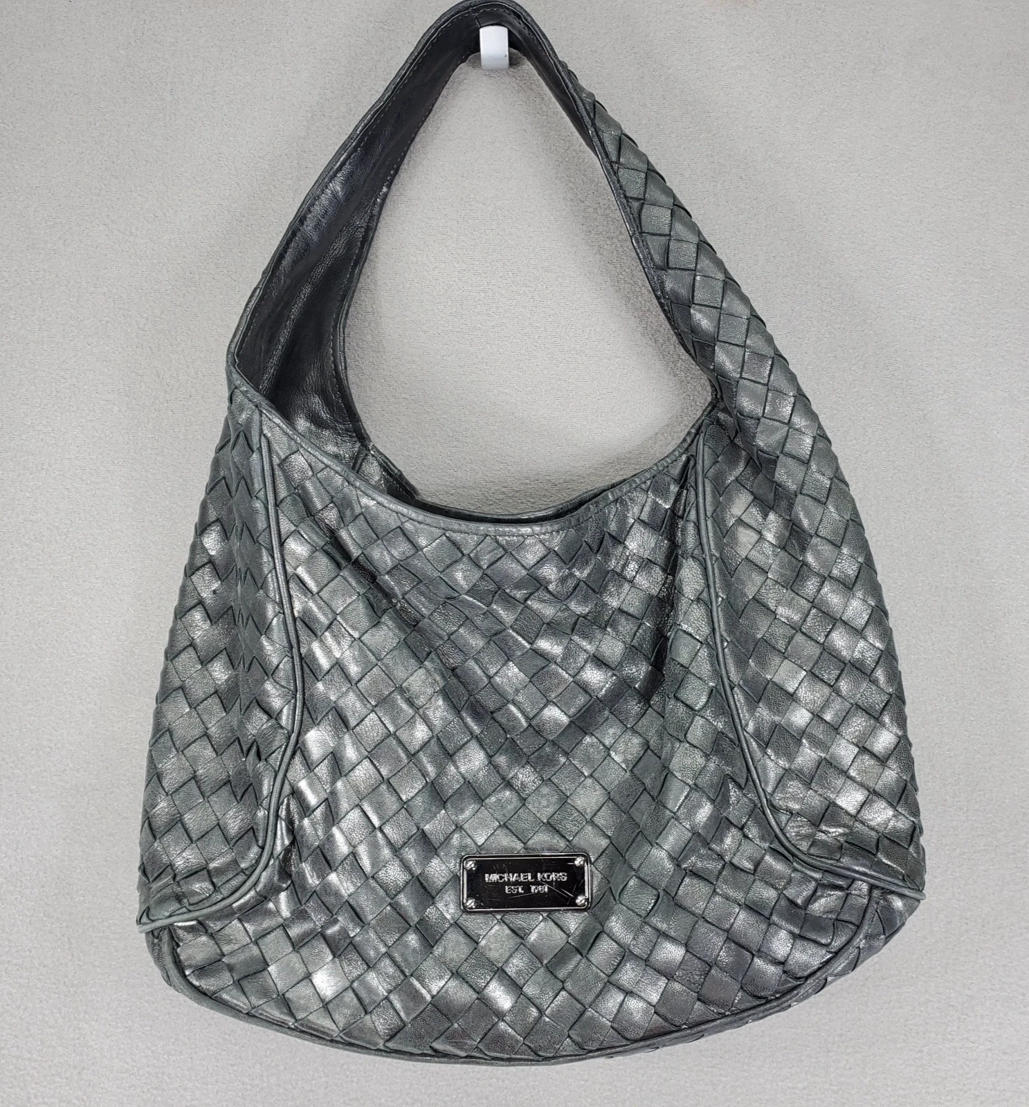 Michael Kors Gray Gunmetal Woven Leather Satchel Boho Handbag Purse Slouchy