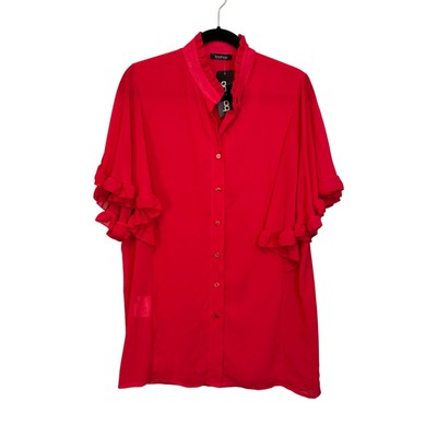 Boohoo Woven Ruffle Angel Sleeve Dress Button Up Shirt Women 14 Petite Red Italy