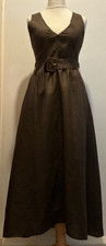 Mango Belted Linen Dress Midi Sleeveless Wide Straps V Neck Size XS BNWT Brown