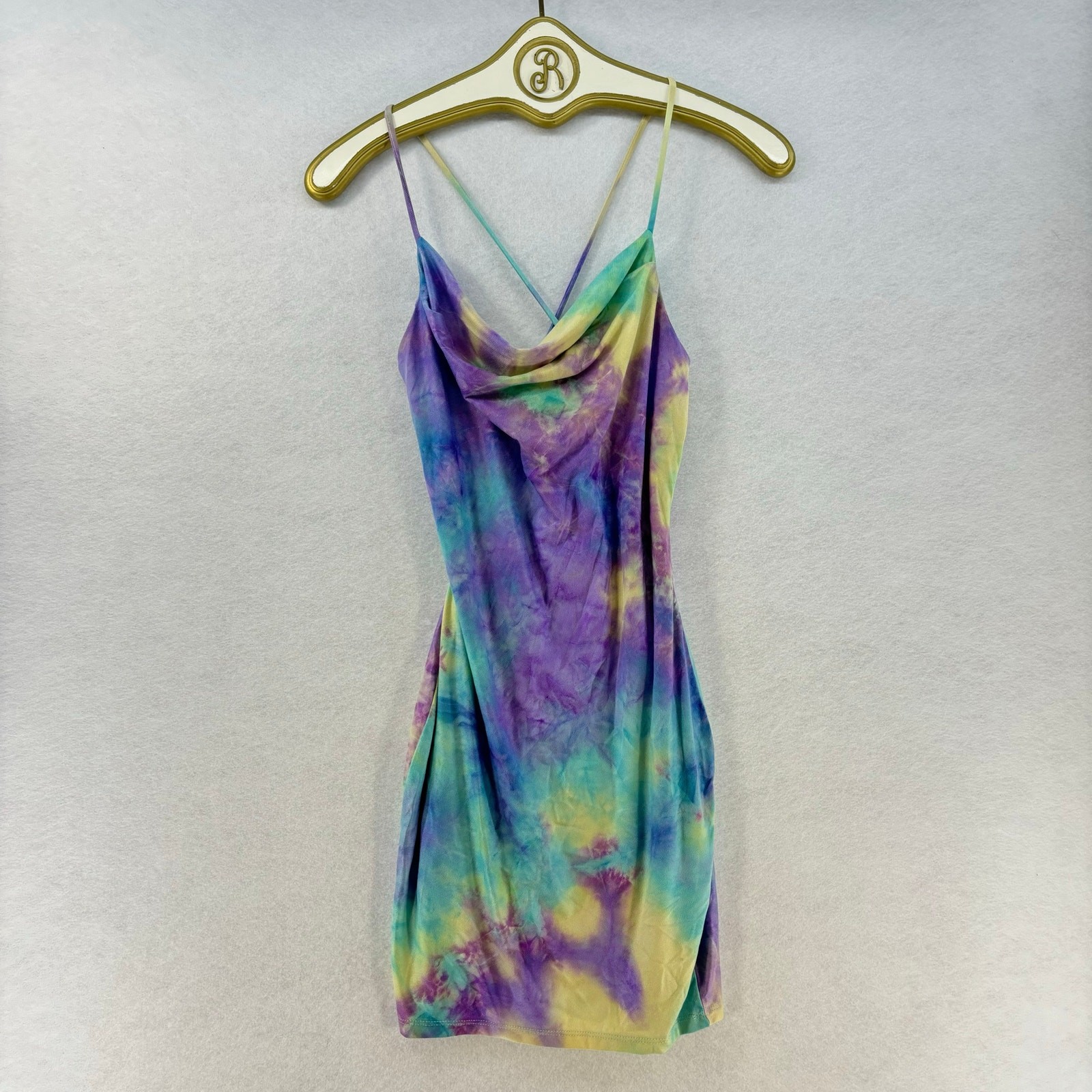Summer Bodycon Mini Dress Tie Dye Cowl Neck Sexy Women's SMALL Olive Tree
