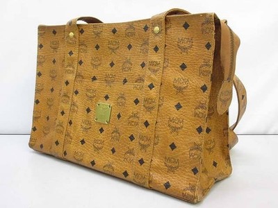 MCM Visetos Authentic Handbag Tote Bag Shoulder Camel Black Logo Gold Zipper
