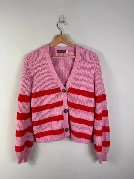 Mint Velvet Cardigan Size XS Pink Red Striped Chunky Knit Wool Blend
