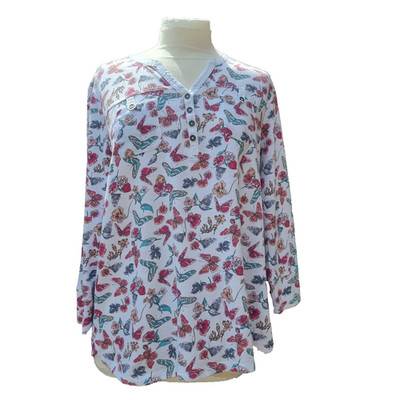 Butterfly Floral Henley Top Womens UK 18 Cotton Long Sleeve TU