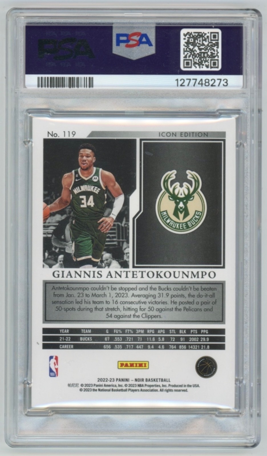 Giannis Antetokounmpo 72/99 Signed 2022 Panini NOIR Card #119 PSA AUTO view 2