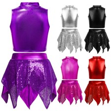 Kids Girls Jazz Dance Costume Sleeveless Mock Neck Metallic Crop Top with Skirt