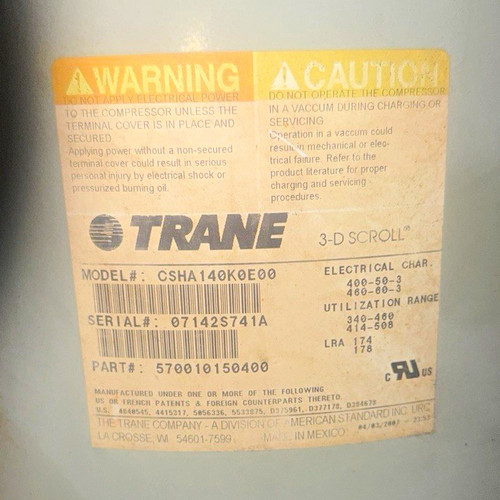 Trane Scroll Industrial Compressor 3-Phase 460V CSHA140K0E00 MPN 570010150400
