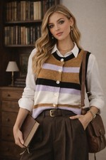 Maeve By Anthropologie Sweater Vest Lavender Cream Black Brown Button Preppy